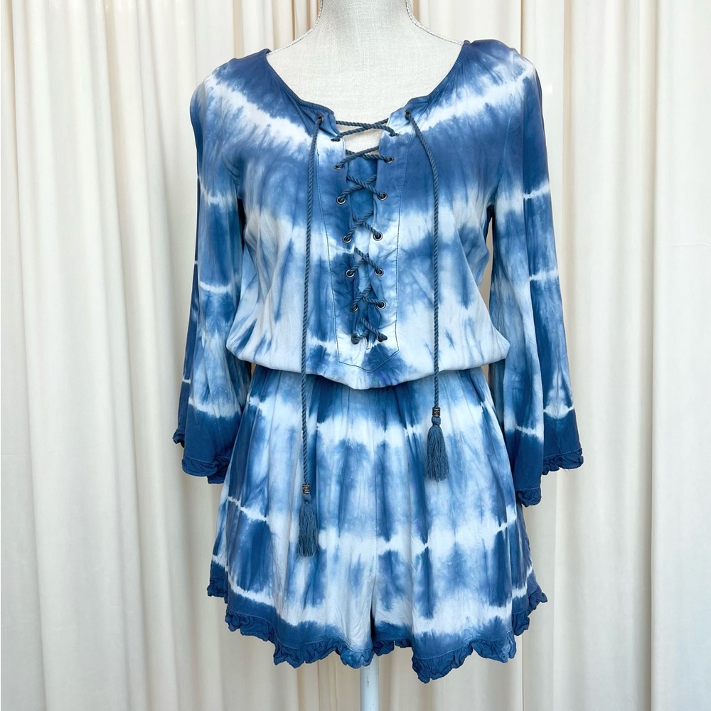 Blue Tie Dye, Elastic Waist, Long Bell Sleeve Romper - Small
